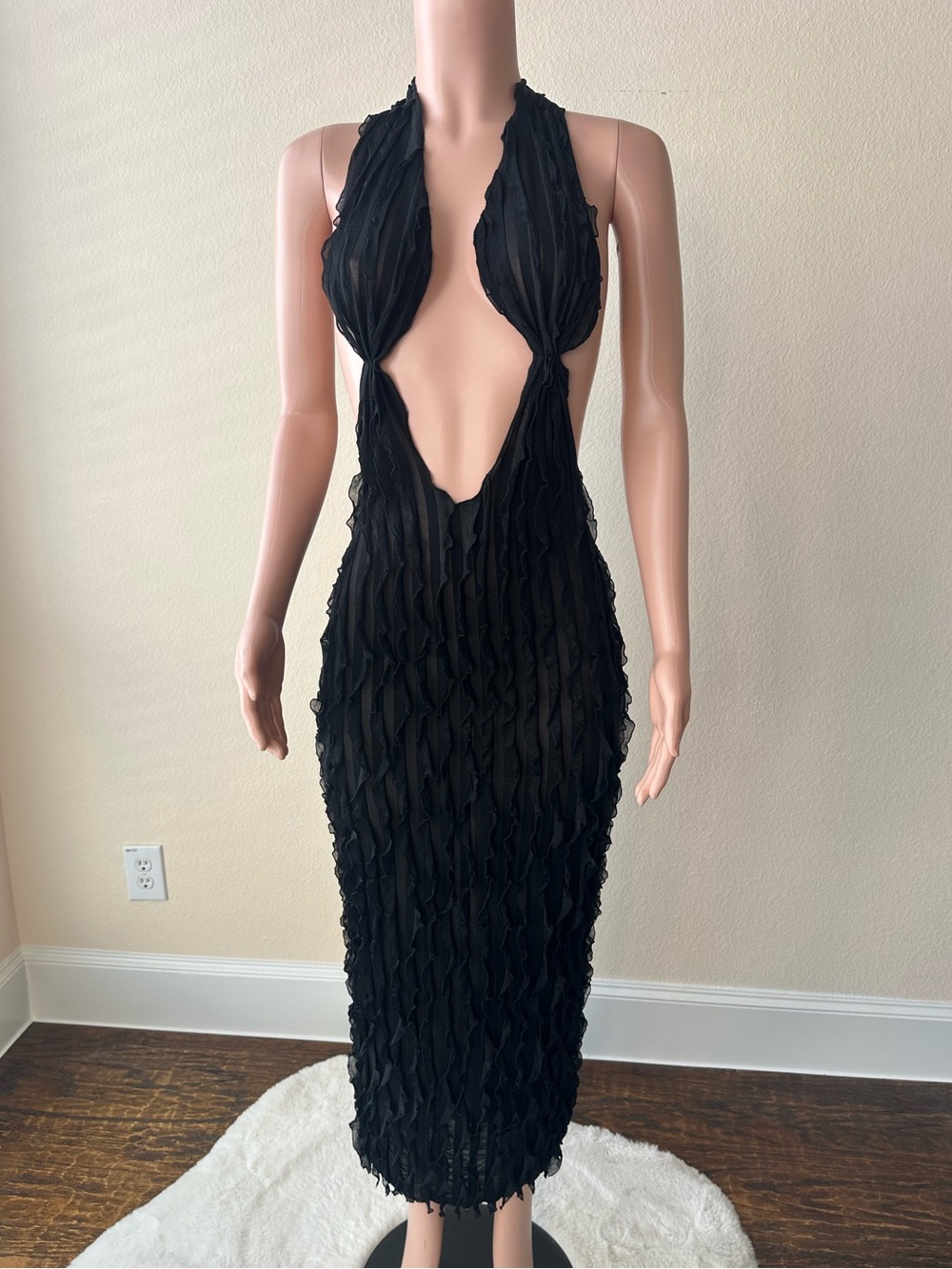 Black Plunge Halter Midi Dress